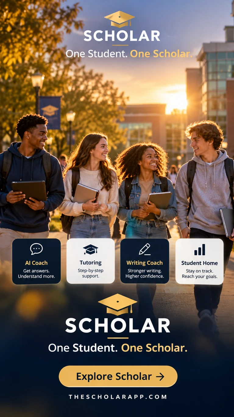 Four college students walking together at sunset, with Scholar's AI Coach, Tutoring, Writing Coach, and Student Home features and One Student. One Scholar. branding.