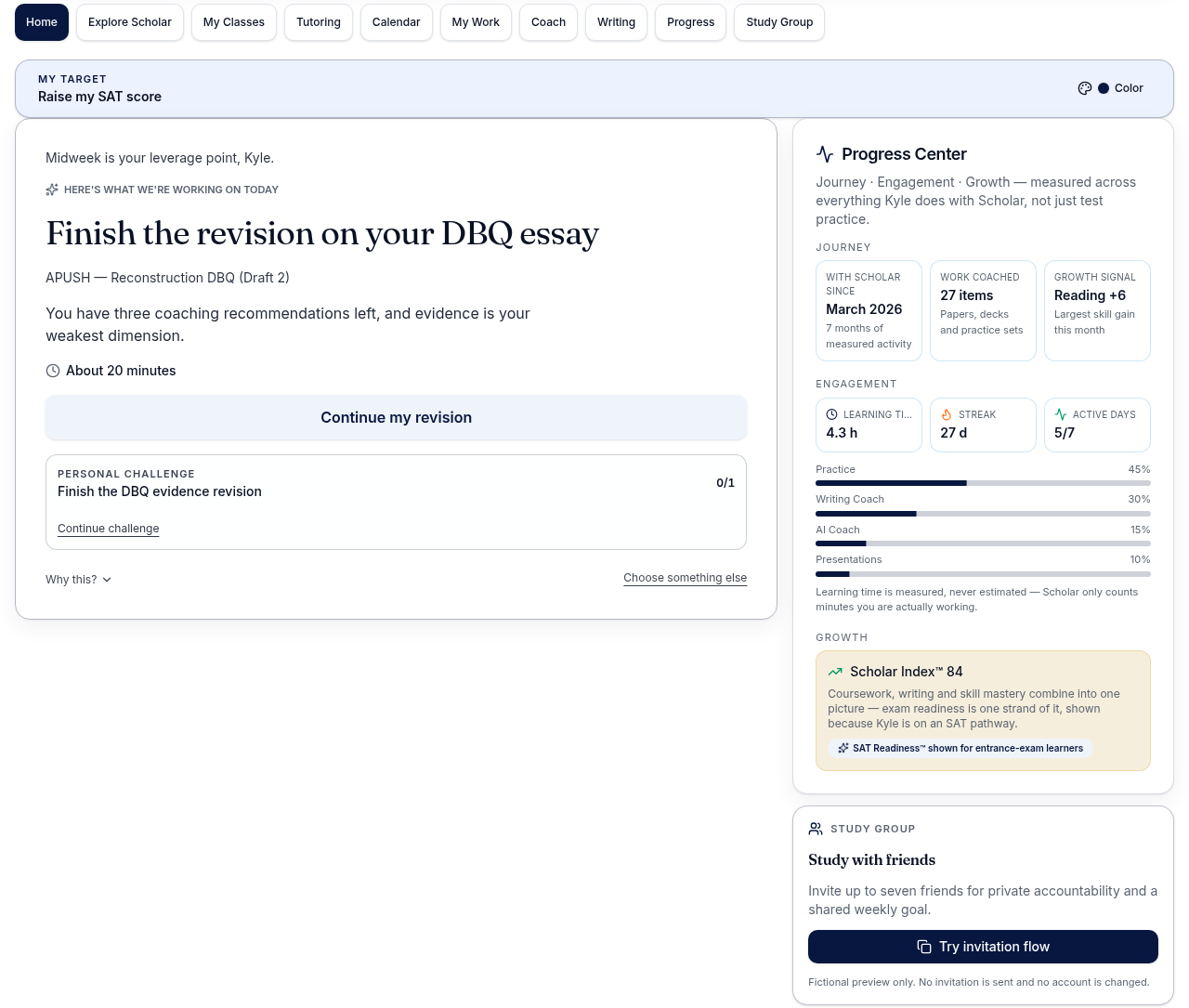 The real Scholar student experience with AI academic coaching and practice progress